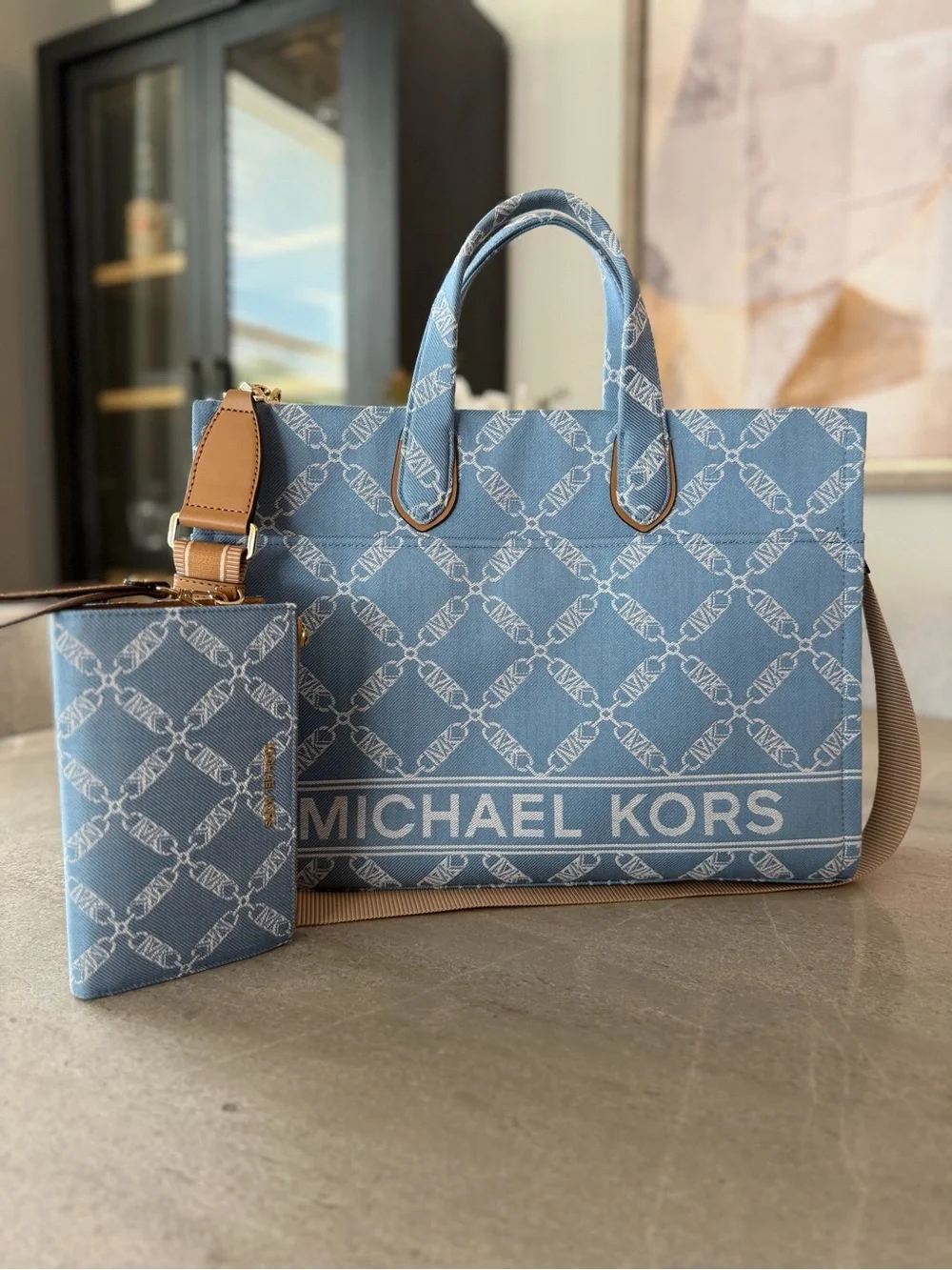Michael Kors Light Blue Signature Canvas Tote with Tan Strap and wallet